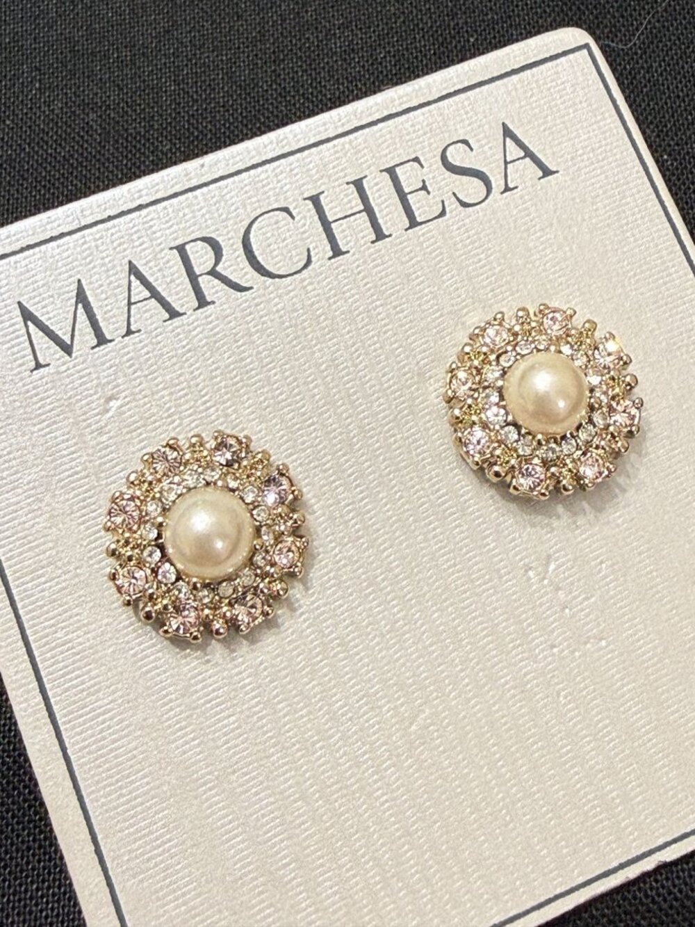 NOC NWT Marchesa Gold-Tone Faux Pearl Pink & Clear Crystal Stud Earrings